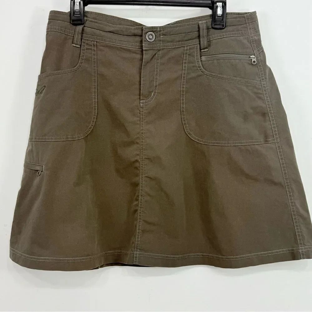 Kuhl Brown Khaki Cotton Blend A Line Performance Wear Multi Pocket Mini Skirt